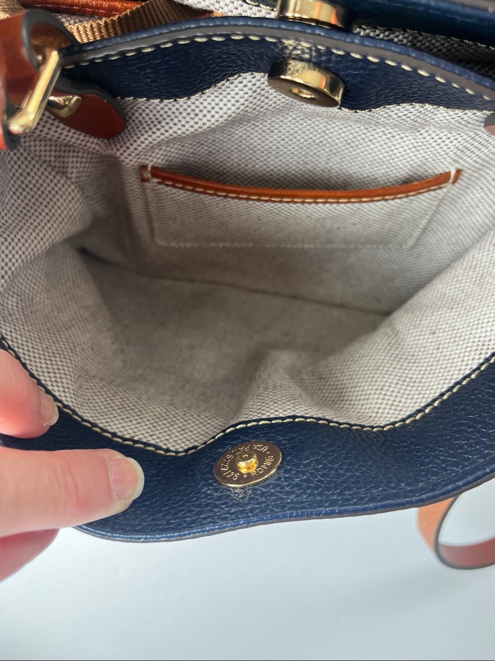 Dooney & Bourke Navy Pebbled Leather Shoulder Bag with Brown Trim - Picture 4 of 16